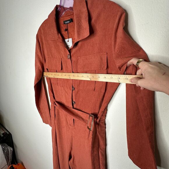 NWT Boohoo Rust Utility Cargo Belted Jumpsuit Tapered Leg Front Safari Pocket 7 - Picture 13 of 16